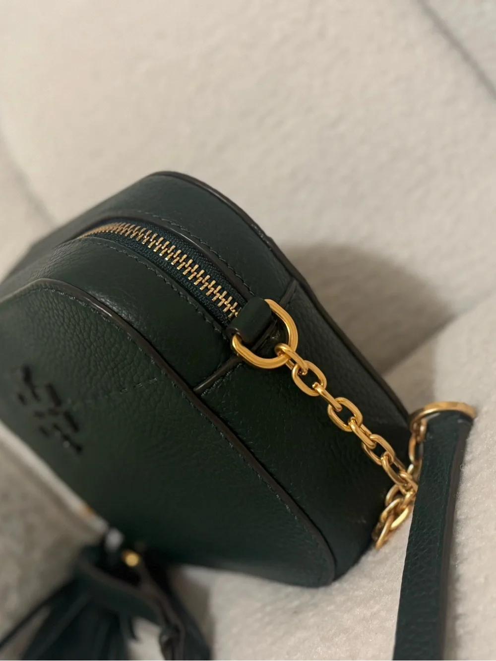 Tory Burch Dark Green Pebbled Leather Crossbody with Gold Chain